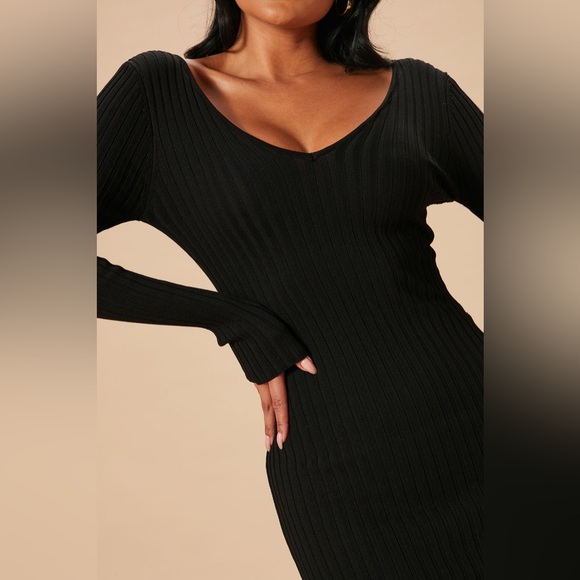 Fashion Nova Black Ribbed Bodycon Maxi Dress V-Neck Long Sleeve – Size M - Picture 2 of 10